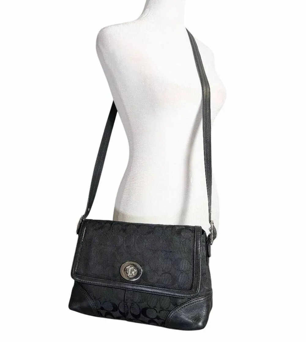 Coach Hamptons Signature Black Turnlock Flap Shoulder/Crossbody Bag #F13066